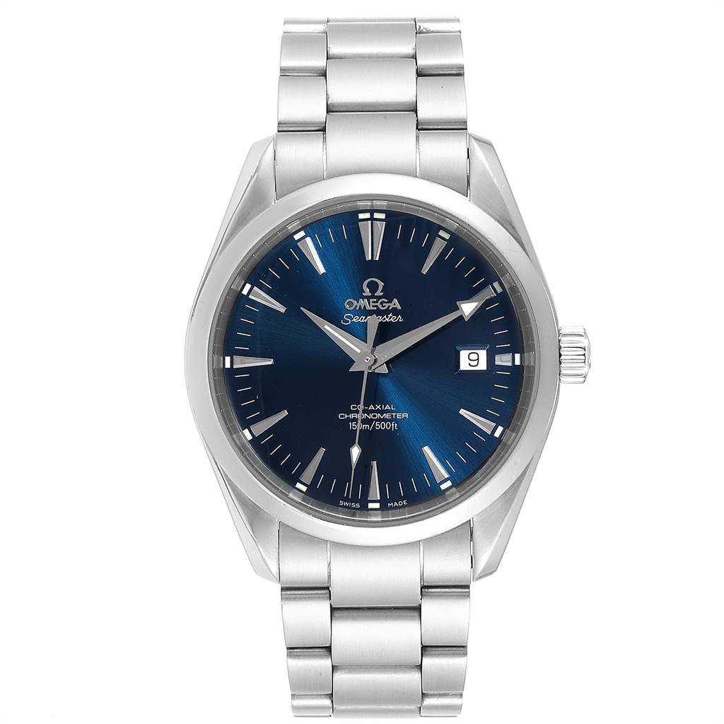 The image shows a front view of the Omega Aqua Terra 2503.80.00 Men
s Stainless Steel Blue Dial 2503.80.00 Men
s Stainless Steel Blue Dial watch, displaying the face, bezel, crown, and bracelet.