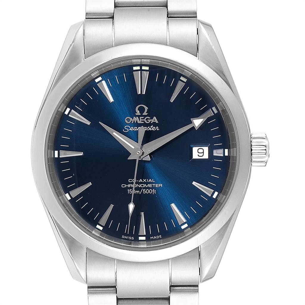 The Omega Aqua Terra 2503.80.00 Men
s Stainless Steel Blue Dial 2503.80.00 Men
s Stainless Steel Blue Dial watch is shown from a front angle, displaying its blue dial, hands, indices, and bracelet.