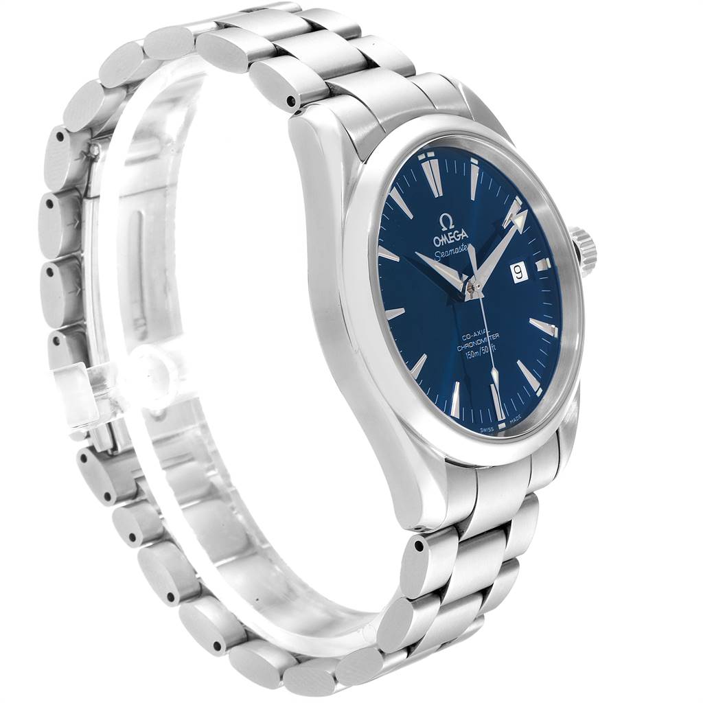 This Omega Aqua Terra 2503.80.00 Men
s Stainless Steel Blue Dial 2503.80.00 Men
s Stainless Steel Blue Dial watch is shown at a 45-degree angle, highlighting the blue dial and stainless steel bracelet.