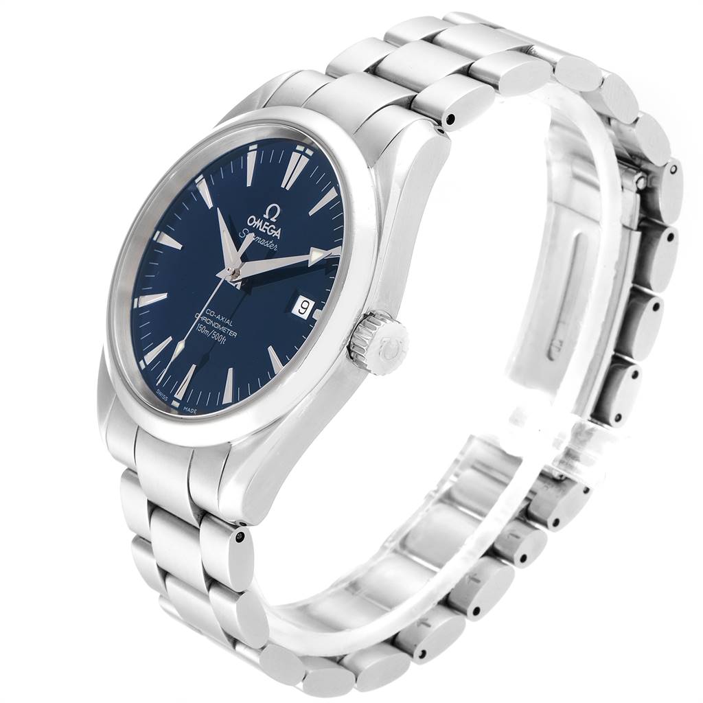 The Omega Aqua Terra 2503.80.00 Men
s Stainless Steel Blue Dial 2503.80.00 Men
s Stainless Steel Blue Dial watch is shown at a three-quarter angle, displaying the dial, crown, and stainless steel bracelet.