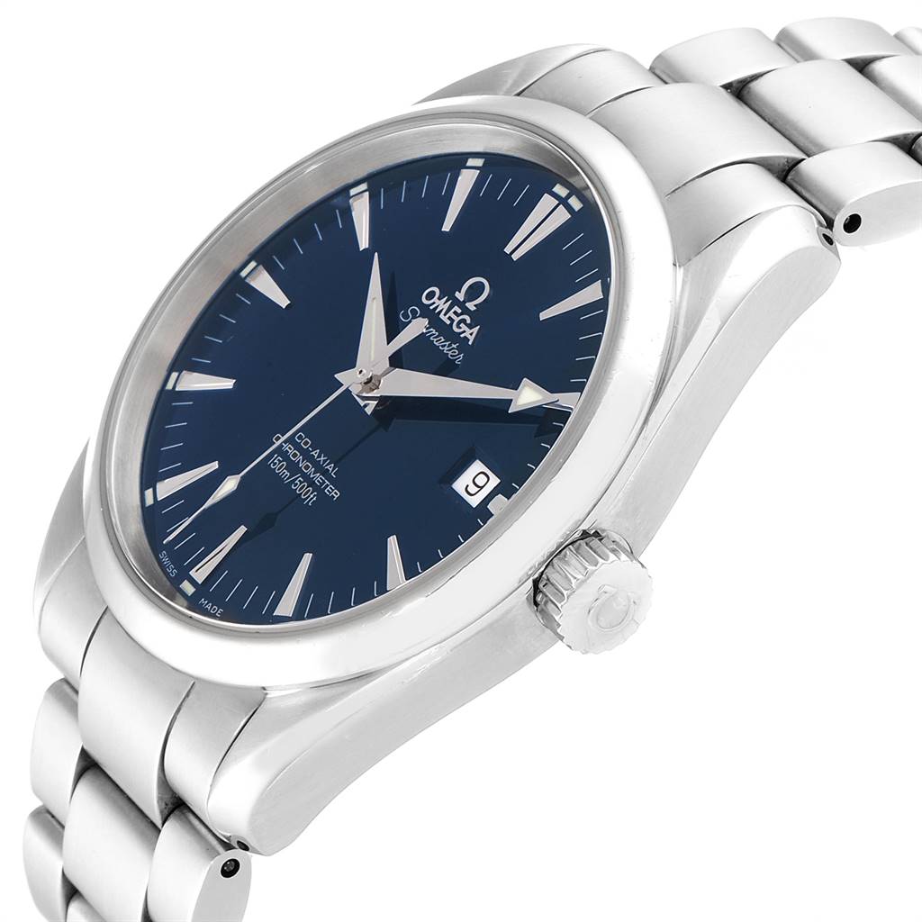 This image shows an Omega Aqua Terra 2503.80.00 Men
s Stainless Steel Blue Dial 2503.80.00 Men
s Stainless Steel Blue Dial watch at an oblique angle, highlighting the dial, bezel, and the bracelet.