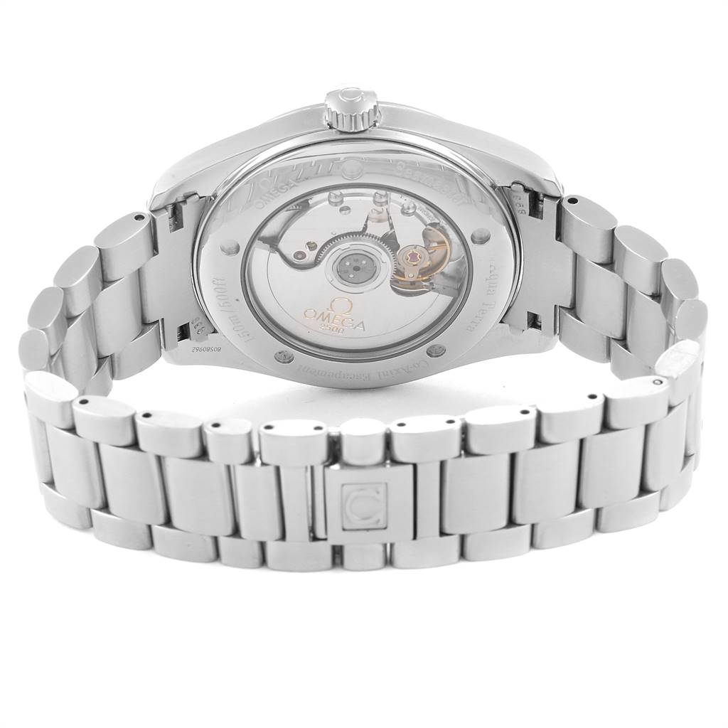 The image shows the back view of the Omega Aqua Terra 2503.80.00 Men
s Stainless Steel Blue Dial 2503.80.00 Men
s Stainless Steel Blue Dial watch, highlighting its transparent case back and metal bracelet.