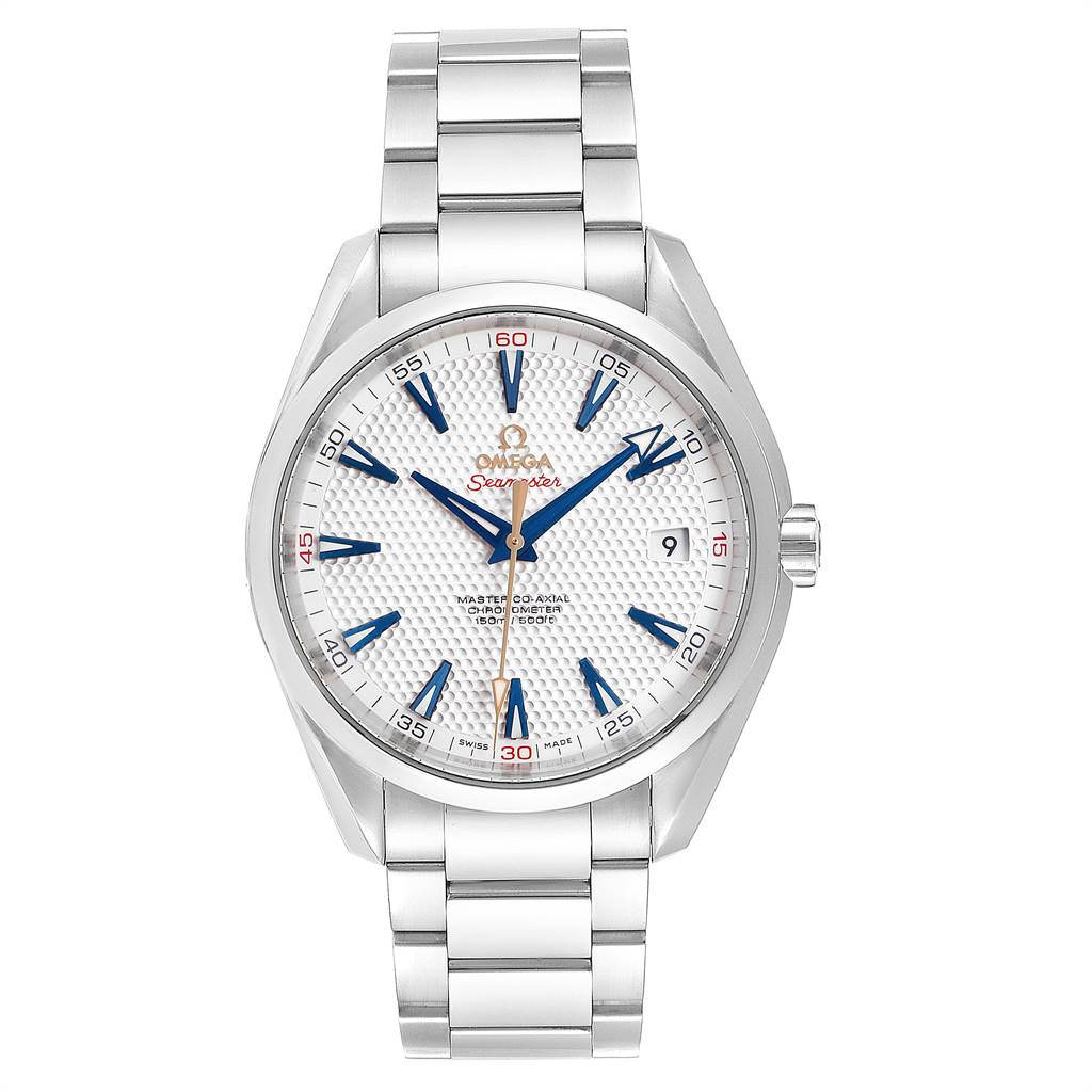 This image shows a front view of the Omega Aqua Terra 231.10.42.21.02.005 Men
s Stainless Steel Silver Dial 231.10.42.21.02.005 Men
s Stainless Steel Silver Dial watch, highlighting the dial, hands, bracelet, and crown.