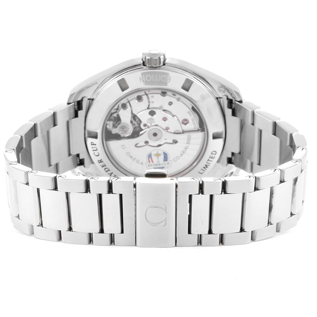 The image shows the back view of the Omega Aqua Terra 231.10.42.21.02.005 Men
s Stainless Steel Silver Dial 231.10.42.21.02.005 Men
s Stainless Steel Silver Dial watch, highlighting the transparent case back and metal bracelet.