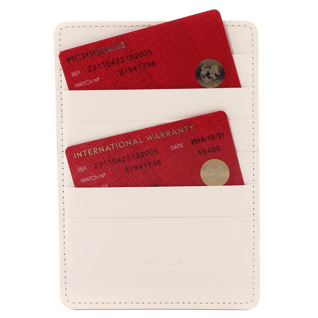 This image shows the warranty cards and pictogram card for the Omega Aqua Terra 231.10.42.21.02.005 Men
s Stainless Steel Silver Dial 231.10.42.21.02.005 Men
s Stainless Steel Silver Dial model stored in a white Omega cardholder.