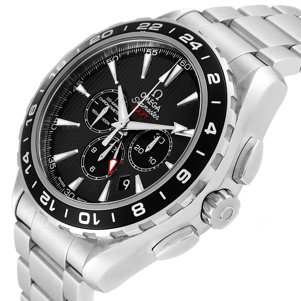 The image shows an angled view of the Omega Aqua Terra 231.10.44.52.06.001 Men's Stainless Steel Grey Dial 231.10.44.52.06.001 Men's Stainless Steel Grey Dial's face, bezel, crown, and part of the stainless steel bracelet.