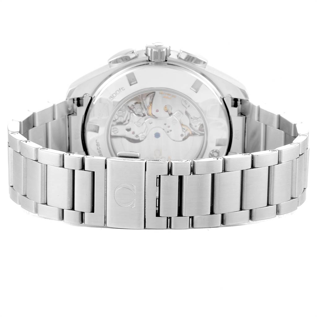 The image shows the back of the Omega Aqua Terra 231.10.44.52.06.001 Men's Stainless Steel Grey Dial 231.10.44.52.06.001 Men's Stainless Steel Grey Dial watch, highlighting its transparent case back and stainless steel bracelet.