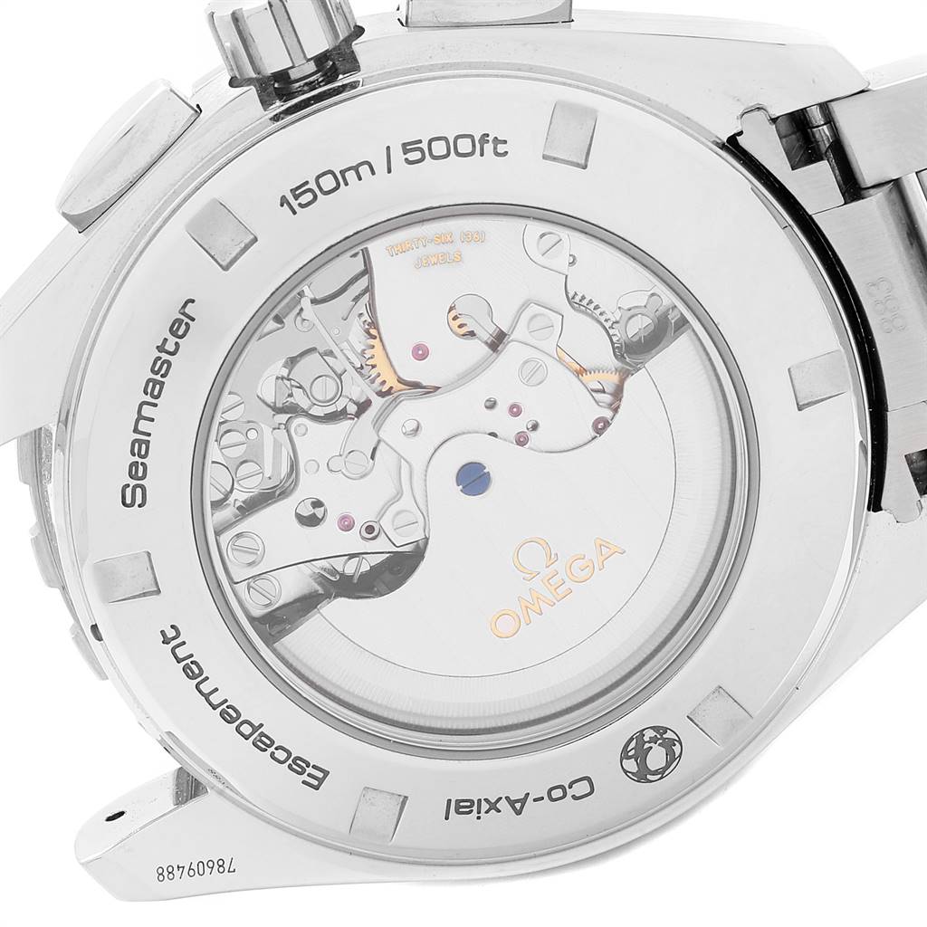 The image shows the back case of the Omega Aqua Terra 231.10.44.52.06.001 Men's Stainless Steel Grey Dial 231.10.44.52.06.001 Men's Stainless Steel Grey Dial Seamaster watch, highlighting the Co-Axial movement and internal mechanisms.