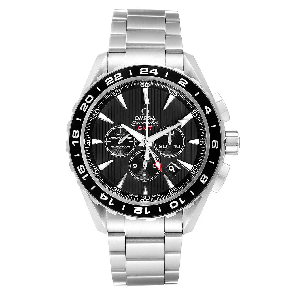 The Omega Aqua Terra 231.10.44.52.06.001 Men's Stainless Steel Grey Dial 231.10.44.52.06.001 Men's Stainless Steel Grey Dial watch is shown from a straight-on angle, displaying the entire face and stainless steel bracelet.