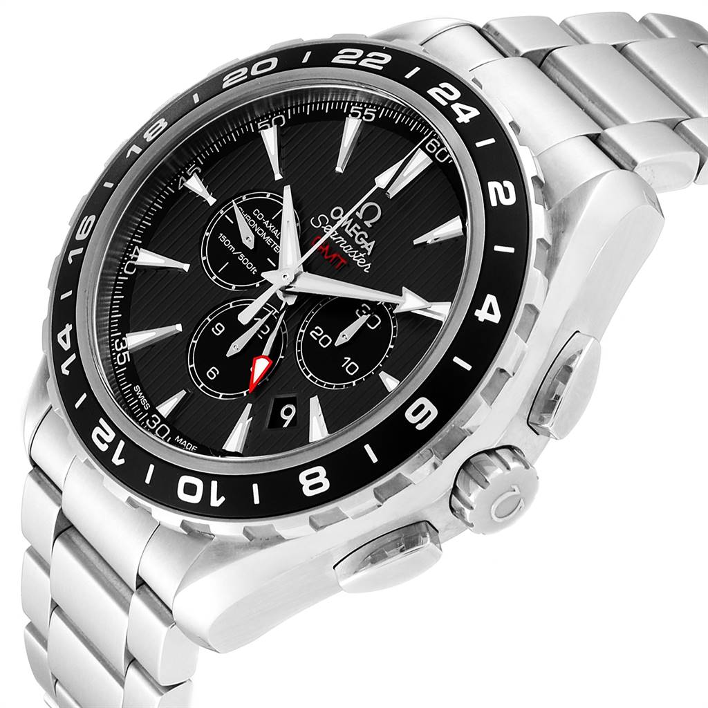 The image shows a side and front angled view of the Omega Aqua Terra 231.10.44.52.06.001 Men's Stainless Steel Grey Dial 231.10.44.52.06.001 Men's Stainless Steel Grey Dial watch, highlighting its case, bezel, and bracelet.