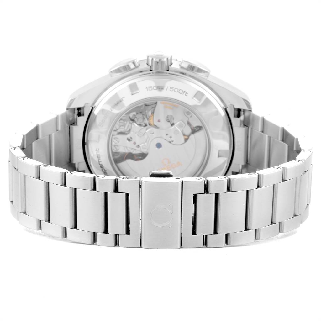 The image shows the back view of the Omega Aqua Terra 231.10.44.52.06.001 Men's Stainless Steel Grey Dial 231.10.44.52.06.001 Men's Stainless Steel Grey Dial watch, highlighting the bracelet and the exposed mechanical movement.