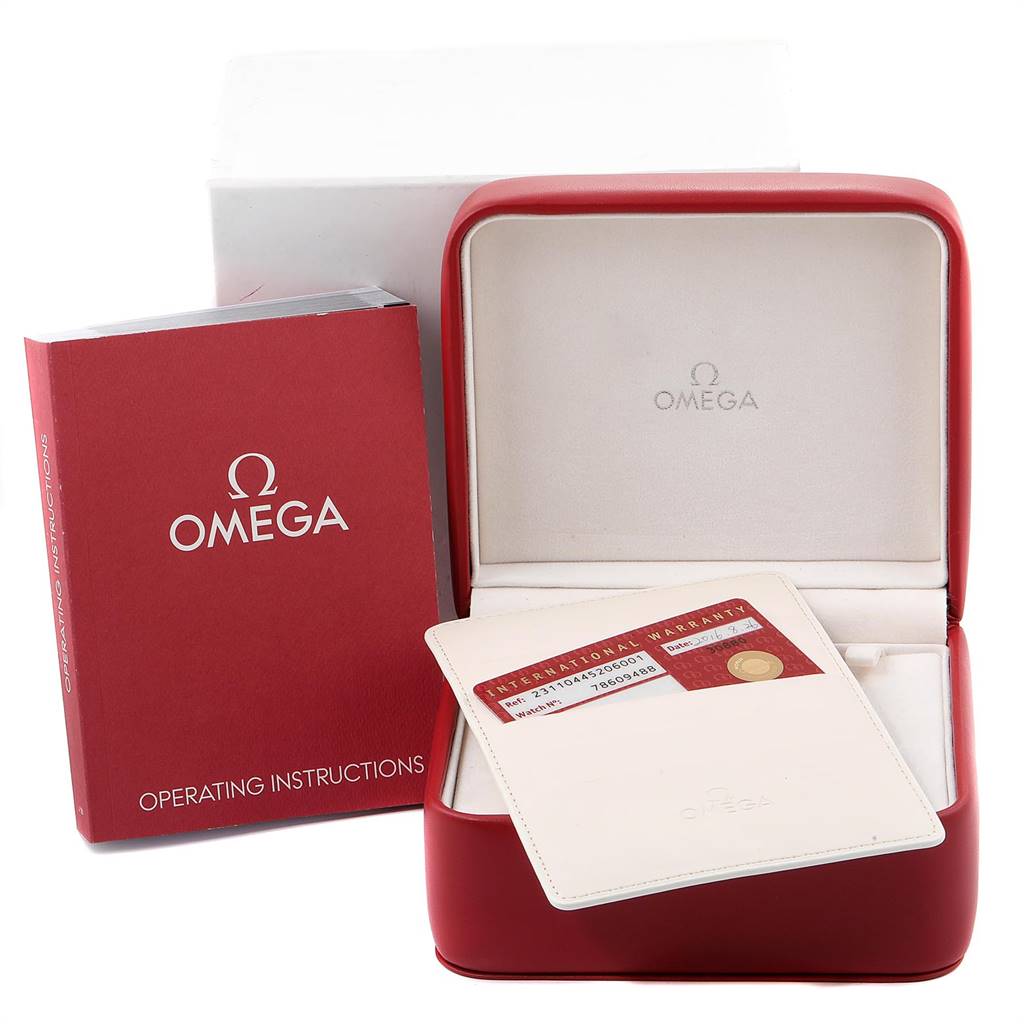 The image shows packaging and accessories for the Omega Aqua Terra 231.10.44.52.06.001 Men's Stainless Steel Grey Dial 231.10.44.52.06.001 Men's Stainless Steel Grey Dial, including the watch box, international warranty card, and operating instructions.