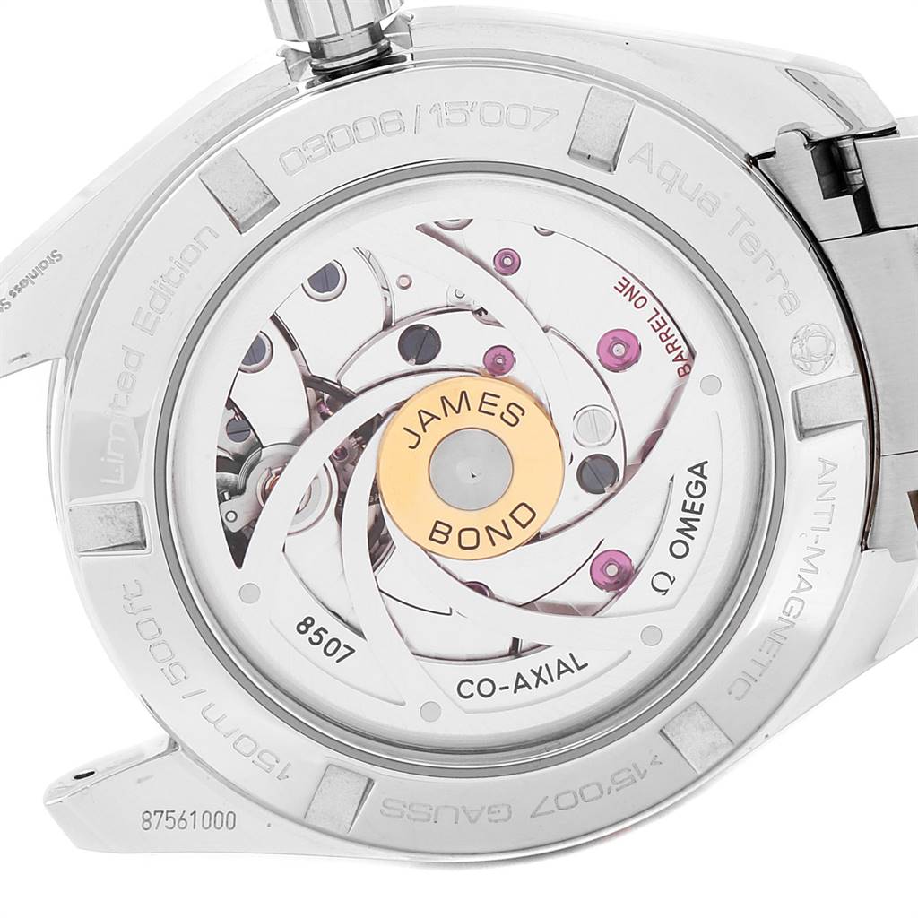 The image shows the case back of an Omega Aqua Terra 231.10.42.21.03.004 Men's Stainless Steel Blue Dial 231.10.42.21.03.004 Men's Stainless Steel Blue Dial watch, focusing on its intricate open case back design and movement components.