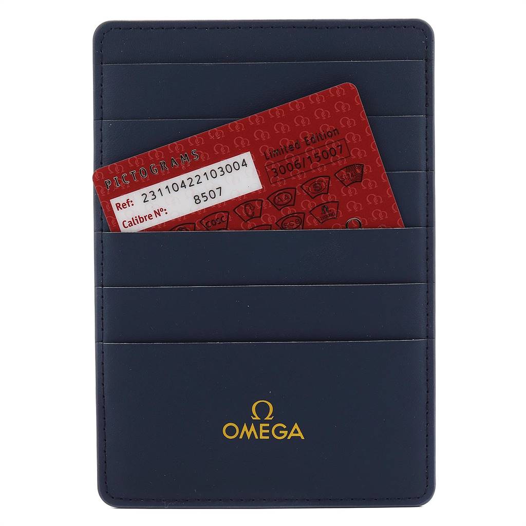 The image shows an Omega Aqua Terra 231.10.42.21.03.004 Men's Stainless Steel Blue Dial 231.10.42.21.03.004 Men's Stainless Steel Blue Dial model warranty card, partially inserted into a navy blue Omega card holder.