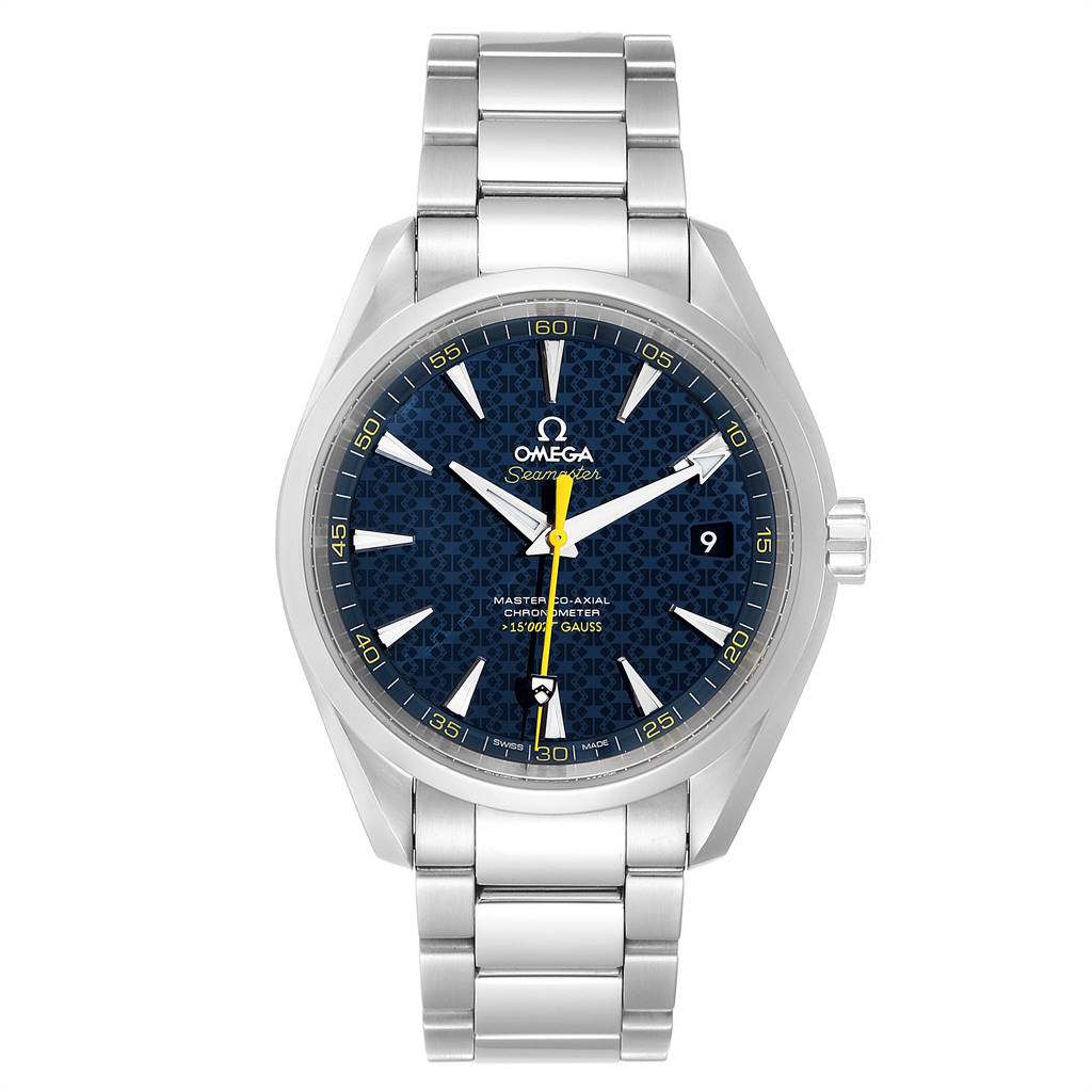 The image shows a front view of the Omega Aqua Terra 231.10.42.21.03.004 Men's Stainless Steel Blue Dial 231.10.42.21.03.004 Men's Stainless Steel Blue Dial watch, highlighting the dial, hands, and bracelet.