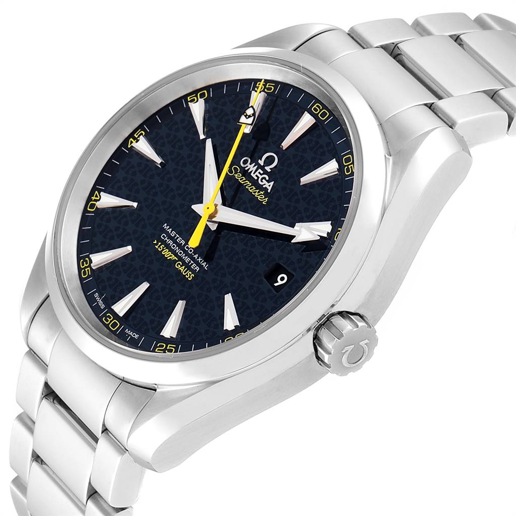 This image shows the Omega Aqua Terra 231.10.42.21.03.004 Men's Stainless Steel Blue Dial 231.10.42.21.03.004 Men's Stainless Steel Blue Dial model watch at an angle, highlighting its dial, crown, and stainless steel bracelet.