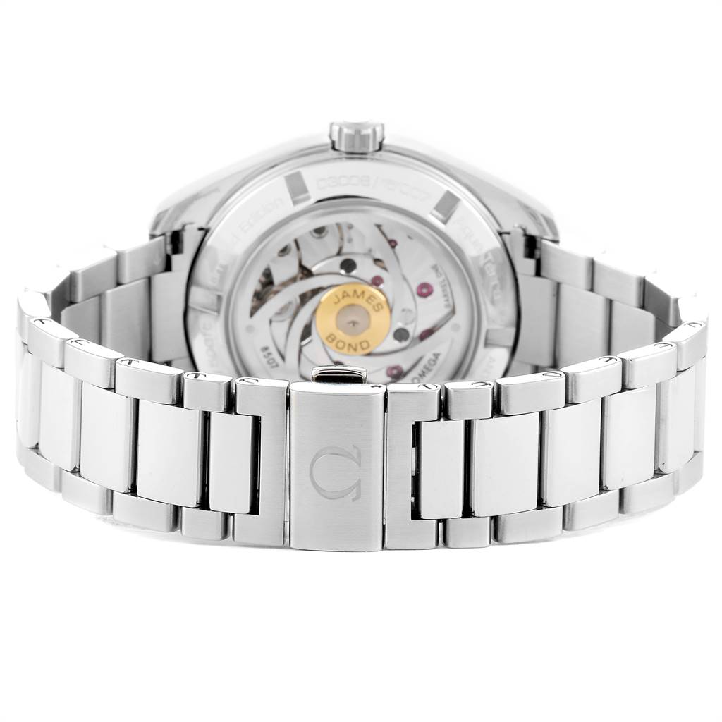 This image shows the back view of the Omega Aqua Terra 231.10.42.21.03.004 Men's Stainless Steel Blue Dial 231.10.42.21.03.004 Men's Stainless Steel Blue Dial watch, highlighting its stainless steel bracelet and exposed mechanism.