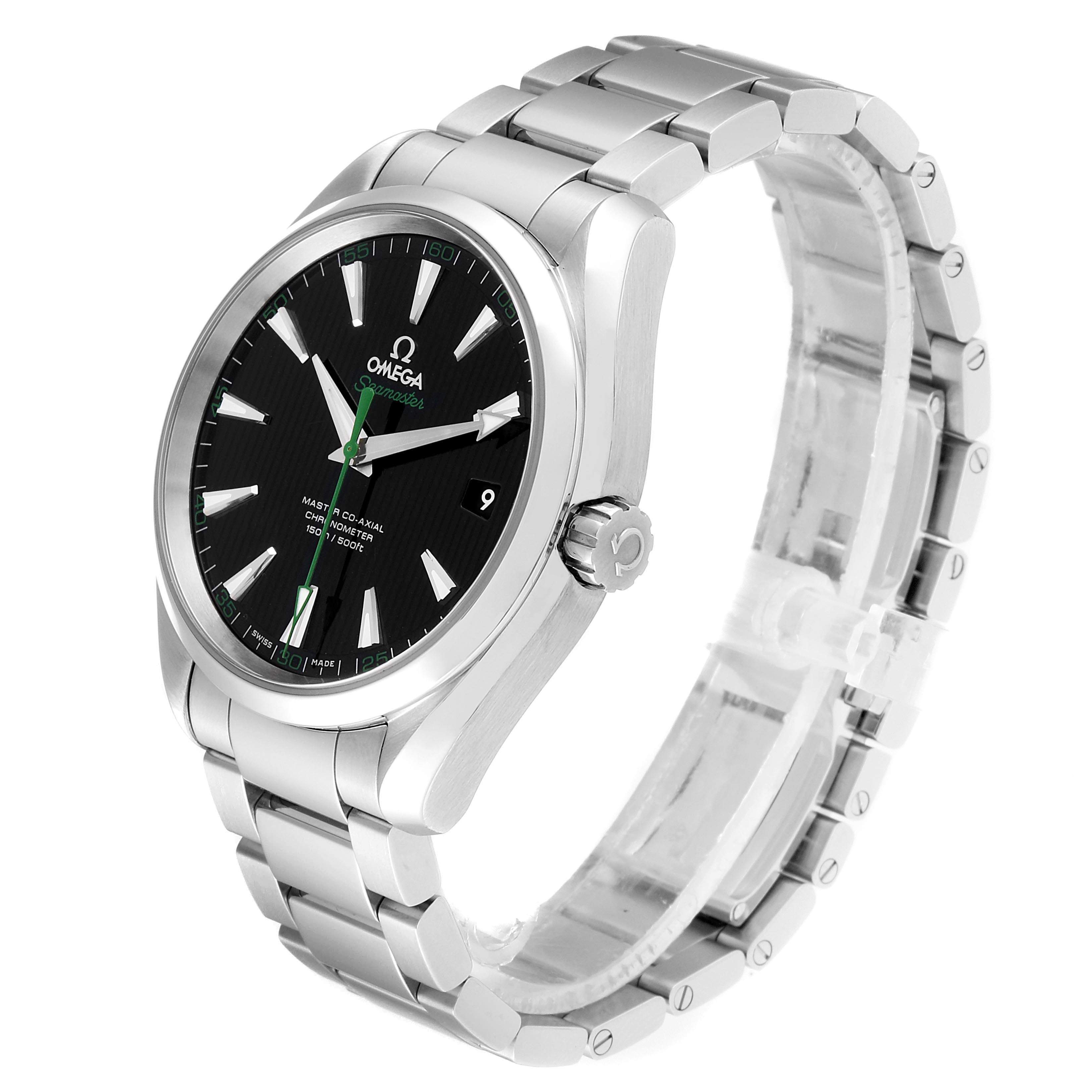 The image shows a side angle of the Omega Aqua Terra 231.10.42.21.01.004 Men's Stainless Steel Black Dial 231.10.42.21.01.004 Men's Stainless Steel Black Dial watch, highlighting the bracelet, crown, and dial.