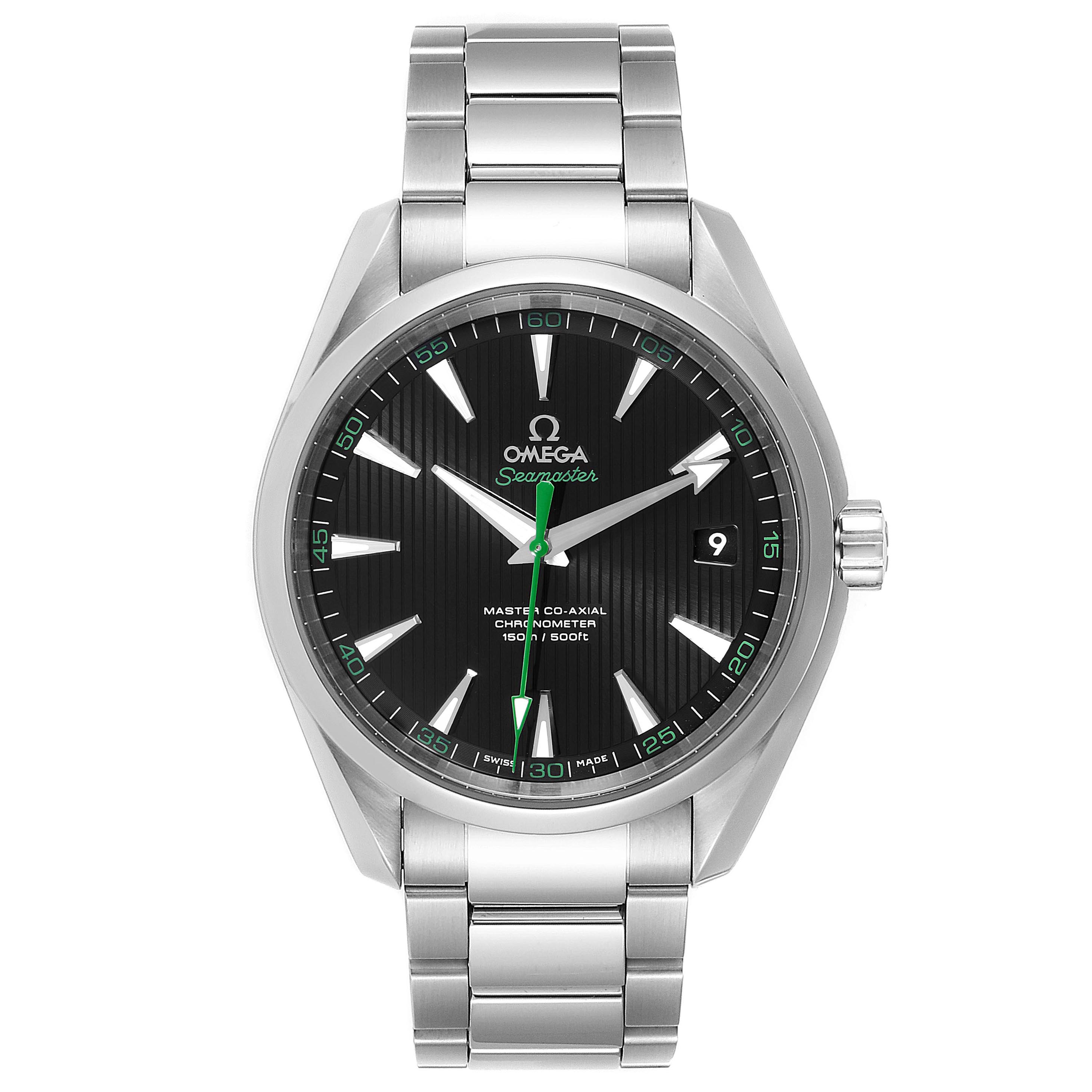 The image shows a front view of the Omega Aqua Terra 231.10.42.21.01.004 Men's Stainless Steel Black Dial 231.10.42.21.01.004 Men's Stainless Steel Black Dial watch, highlighting its black dial, stainless steel bracelet, and crown.