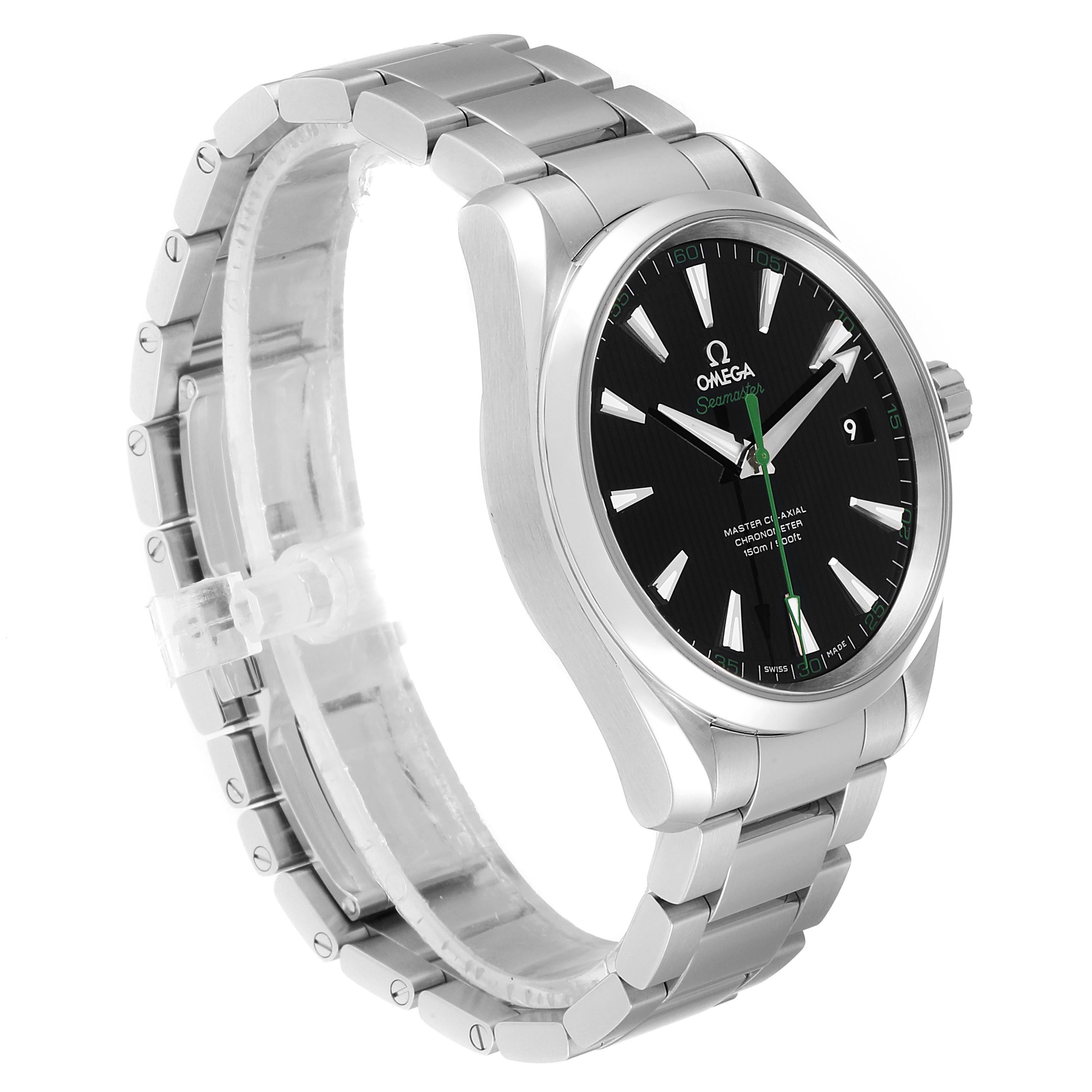 This Omega Aqua Terra 231.10.42.21.01.004 Men's Stainless Steel Black Dial 231.10.42.21.01.004 Men's Stainless Steel Black Dial model watch is shown from an angled side view, highlighting the face, bezel, crown, and metal bracelet.