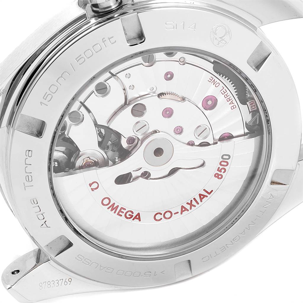 The image shows the back of the Omega Aqua Terra 231.10.42.21.01.004 Men's Stainless Steel Black Dial 231.10.42.21.01.004 Men's Stainless Steel Black Dial watch, highlighting the Co-Axial 8500 movement.