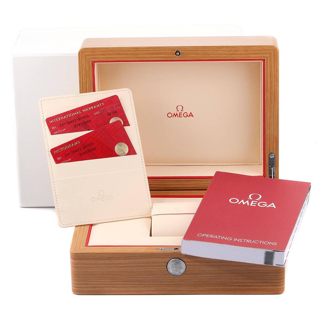 The image shows an Omega Aqua Terra 231.10.42.21.01.004 Men's Stainless Steel Black Dial 231.10.42.21.01.004 Men's Stainless Steel Black Dial watch box, warranty cards, and an operating instructions booklet.