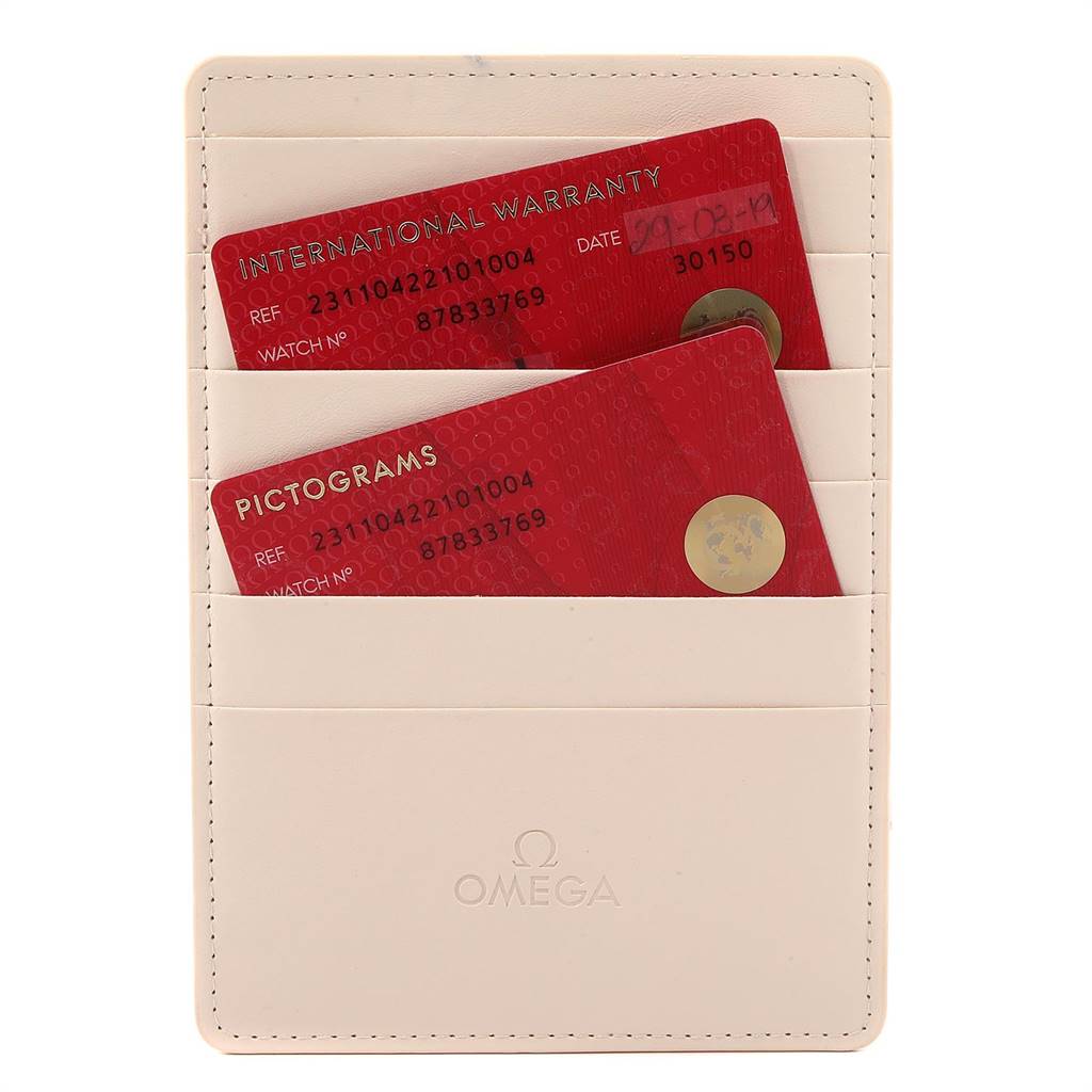 The image shows the warranty cards and cardholder for the Omega Aqua Terra 231.10.42.21.01.004 Men's Stainless Steel Black Dial 231.10.42.21.01.004 Men's Stainless Steel Black Dial watch model, displayed from a top-down angle.