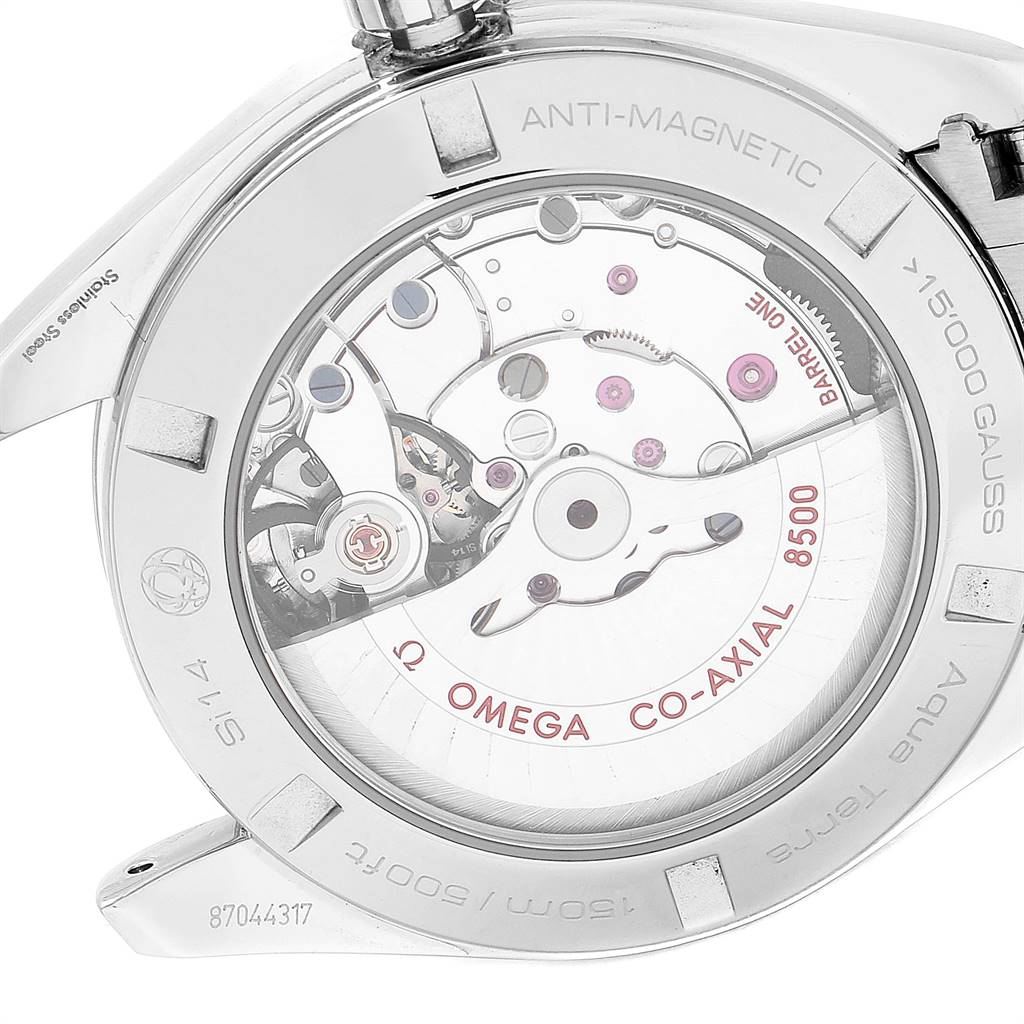 The image shows the back of an Omega Aqua Terra 231.10.42.21.03.003 Men
s Stainless Steel Blue Dial 231.10.42.21.03.003 Men
s Stainless Steel Blue Dial watch, highlighting its Co-Axial 8500 movement and anti-magnetic properties.