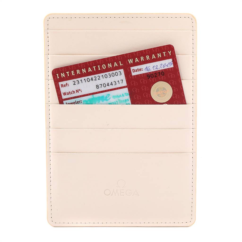 This image shows an Omega Aqua Terra 231.10.42.21.03.003 Men
s Stainless Steel Blue Dial 231.10.42.21.03.003 Men
s Stainless Steel Blue Dial warranty card in a beige Omega cardholder.