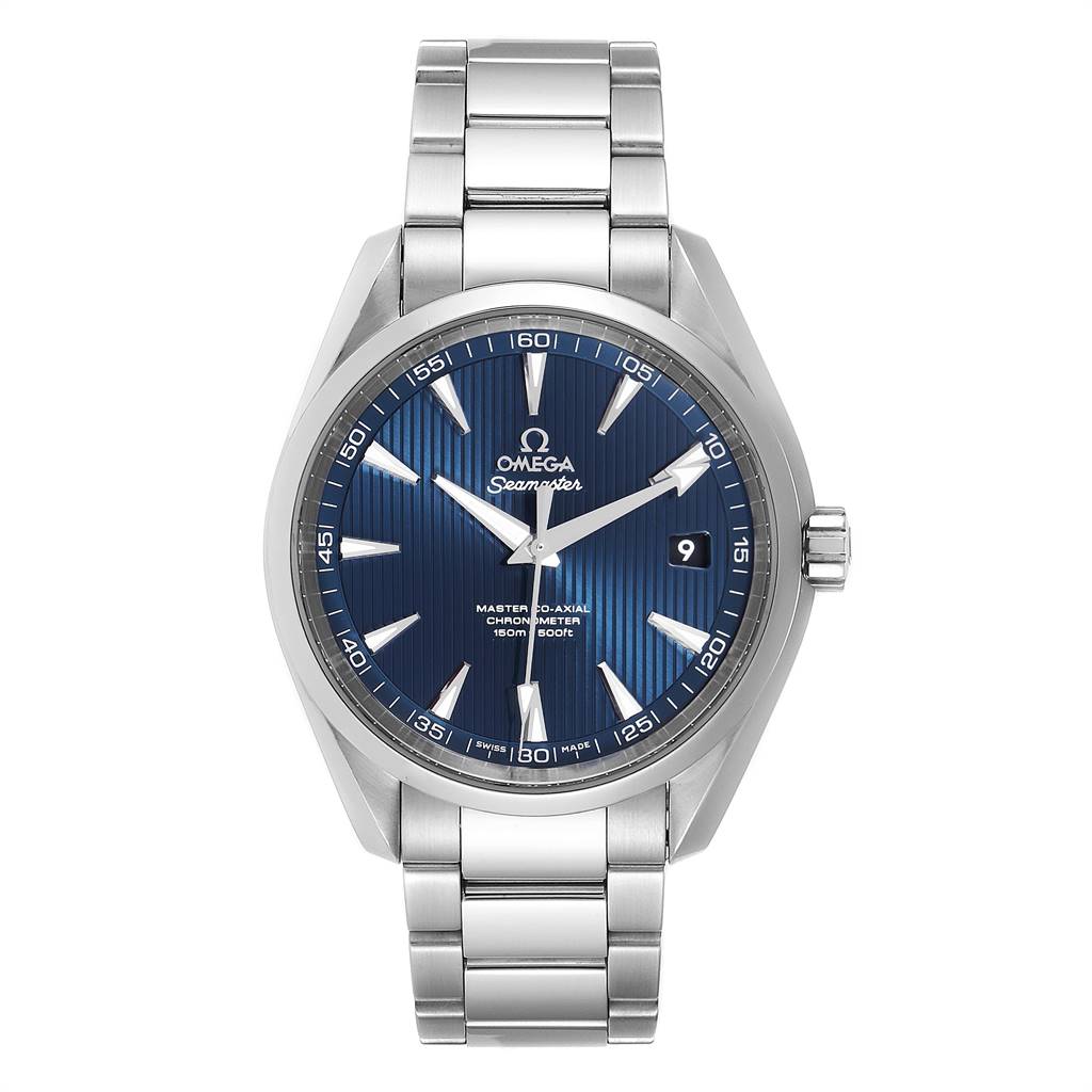 The image shows a front view of an Omega Aqua Terra 231.10.42.21.03.003 Men
s Stainless Steel Blue Dial 231.10.42.21.03.003 Men
s Stainless Steel Blue Dial watch, displaying its blue dial, stainless steel case, and bracelet.