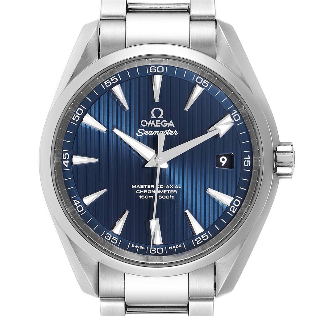 The image shows a front view of the Omega Aqua Terra 231.10.42.21.03.003 Men
s Stainless Steel Blue Dial 231.10.42.21.03.003 Men
s Stainless Steel Blue Dial watch, highlighting its blue dial, date window, and stainless steel bracelet.