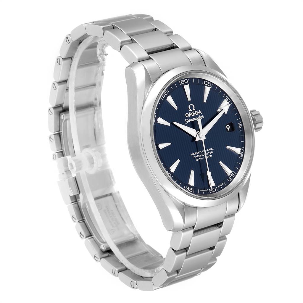 The Omega Aqua Terra 231.10.42.21.03.003 Men
s Stainless Steel Blue Dial 231.10.42.21.03.003 Men
s Stainless Steel Blue Dial watch is shown at an angle highlighting its side, dial, and metal bracelet.