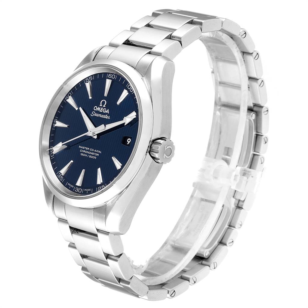 This image shows an Omega Aqua Terra 231.10.42.21.03.003 Men
s Stainless Steel Blue Dial 231.10.42.21.03.003 Men
s Stainless Steel Blue Dial watch from a side angle, highlighting the dial, bezel, crown, and bracelet.