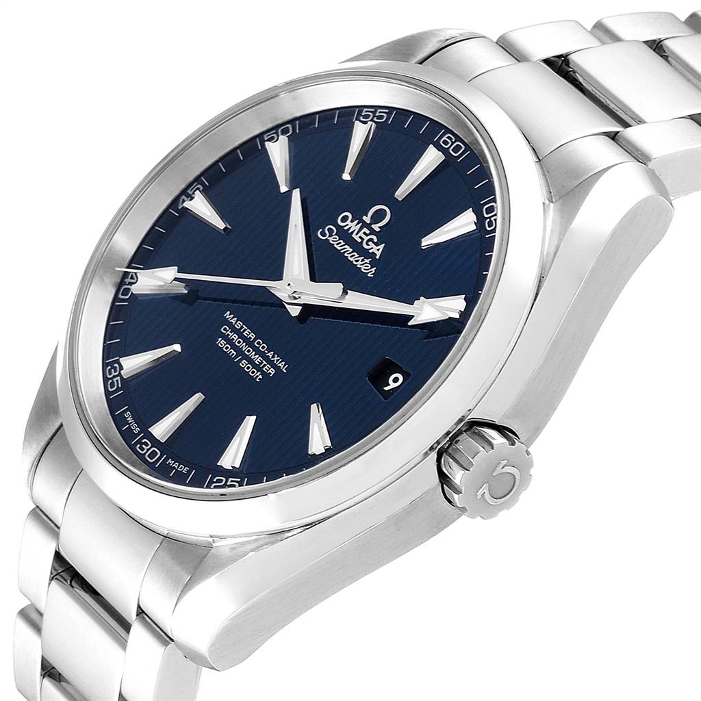The image shows an Omega Aqua Terra 231.10.42.21.03.003 Men
s Stainless Steel Blue Dial 231.10.42.21.03.003 Men
s Stainless Steel Blue Dial watch at an angle, highlighting the face, crown, and metal bracelet.