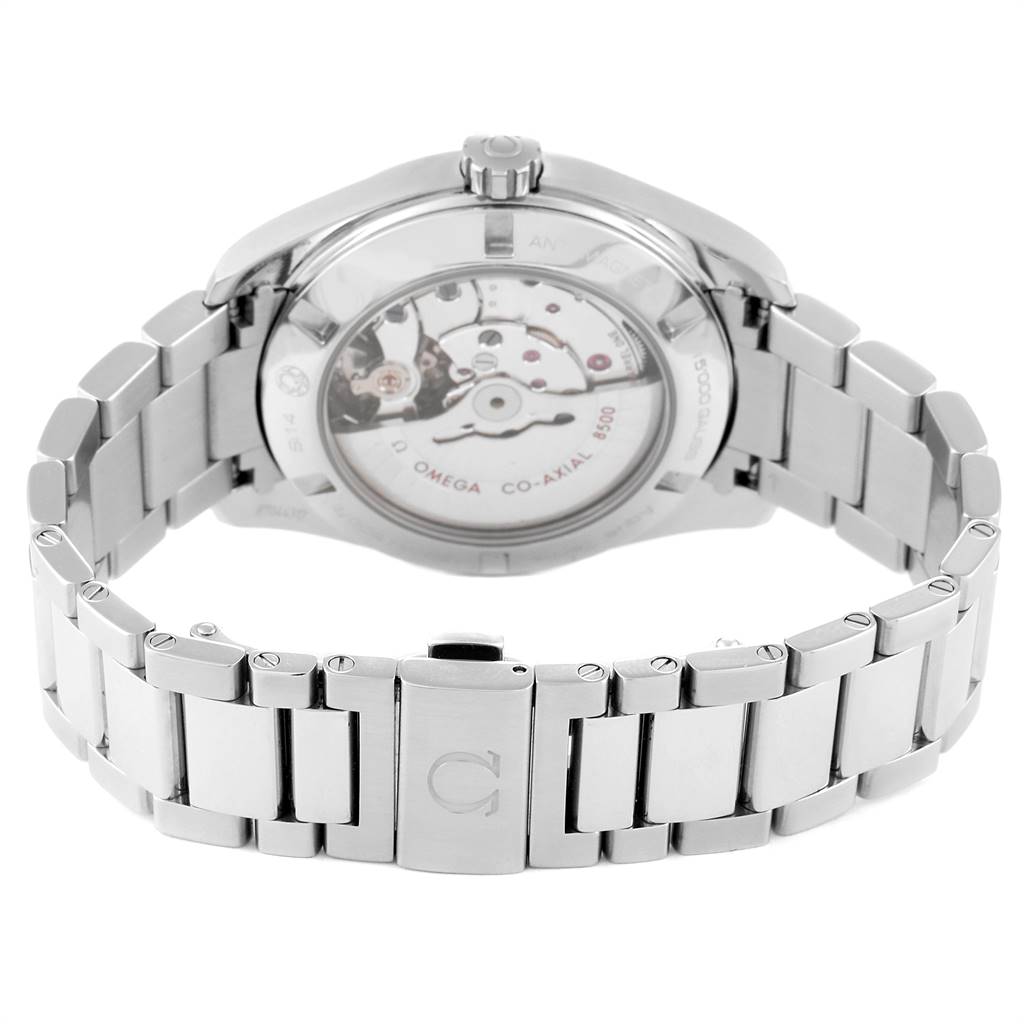 The image shows the back view of an Omega Aqua Terra 231.10.42.21.03.003 Men
s Stainless Steel Blue Dial 231.10.42.21.03.003 Men
s Stainless Steel Blue Dial watch, highlighting its transparent case back and metal bracelet.