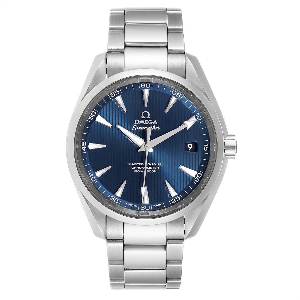 This image shows a front view of the Omega Aqua Terra 231.10.42.21.03.003 Men's Stainless Steel Blue Dial 231.10.42.21.03.003 Men's Stainless Steel Blue Dial watch, displaying its blue dial, date window, and metal bracelet.