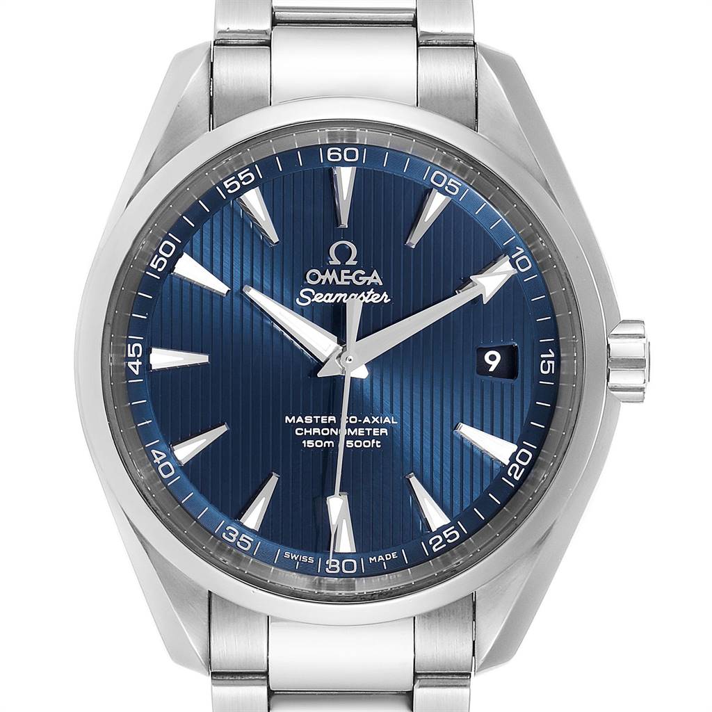 The Omega Aqua Terra 231.10.42.21.03.003 Men's Stainless Steel Blue Dial 231.10.42.21.03.003 Men's Stainless Steel Blue Dial watch is shown from a front angle, displaying its blue dial, stainless steel bracelet, and visible date window.