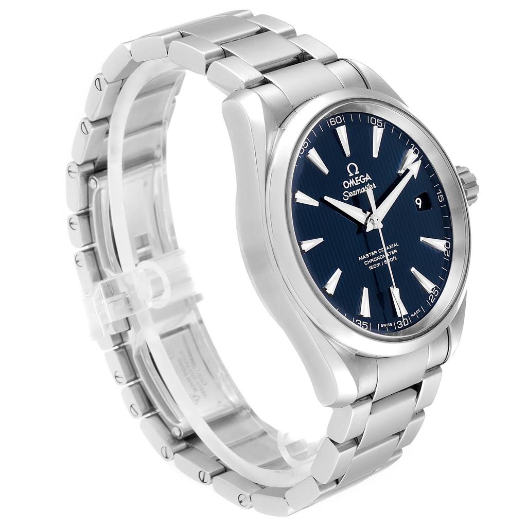 The image shows a side angle view of the Omega Aqua Terra 231.10.42.21.03.003 Men's Stainless Steel Blue Dial 231.10.42.21.03.003 Men's Stainless Steel Blue Dial watch, highlighting its blue dial, stainless steel bracelet, and casing.