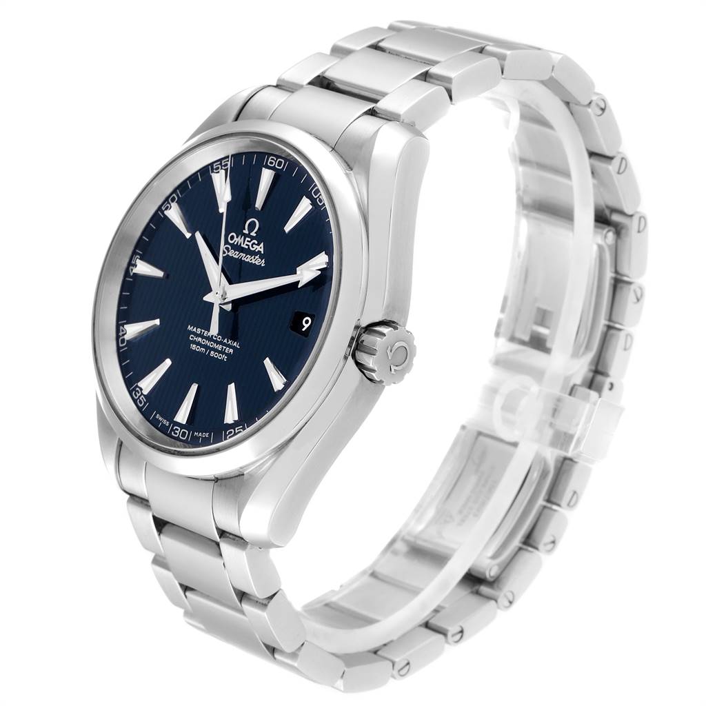 This Omega Aqua Terra 231.10.42.21.03.003 Men's Stainless Steel Blue Dial 231.10.42.21.03.003 Men's Stainless Steel Blue Dial watch is shown at a three-quarter angle, displaying the face, bezel, crown, and metal bracelet.