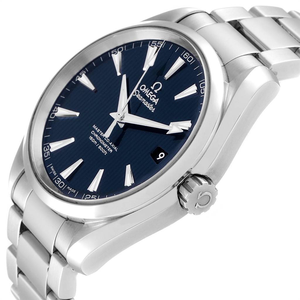 The image shows a close-up angle of the Omega Aqua Terra 231.10.42.21.03.003 Men's Stainless Steel Blue Dial 231.10.42.21.03.003 Men's Stainless Steel Blue Dial watch, highlighting the dial, crown, and metal bracelet.