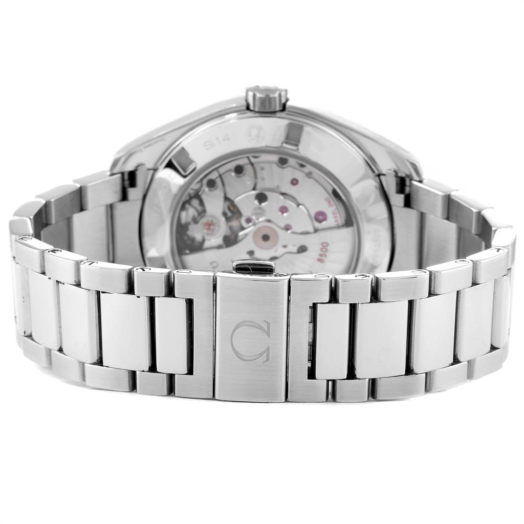 The image shows the back of the Omega Aqua Terra 231.10.42.21.03.003 Men's Stainless Steel Blue Dial 231.10.42.21.03.003 Men's Stainless Steel Blue Dial watch, highlighting the bracelet and the exposed movement of the watch.