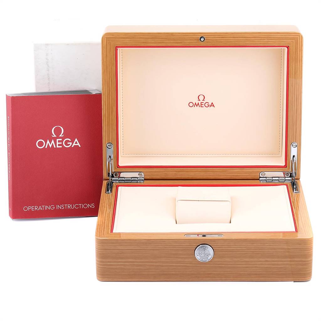 The image shows an open Omega Aqua Terra 231.10.42.21.03.003 Men's Stainless Steel Blue Dial 231.10.42.21.03.003 Men's Stainless Steel Blue Dial watch box and red operating instructions.