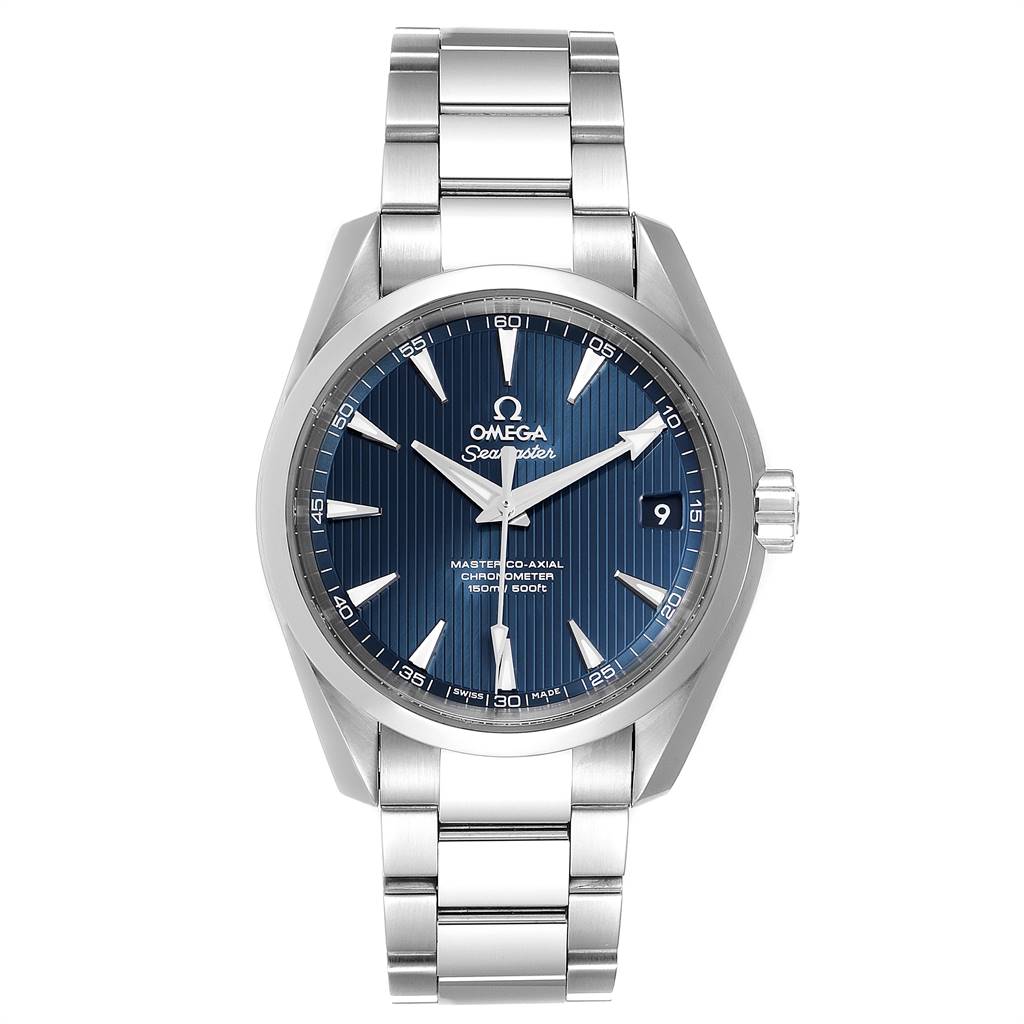 The Omega Aqua Terra 231.10.39.21.03.002 Men
s Stainless Steel Blue Dial 231.10.39.21.03.002 Men
s Stainless Steel Blue Dial watch is shown from a front view, displaying its face, bezel, and stainless steel band.