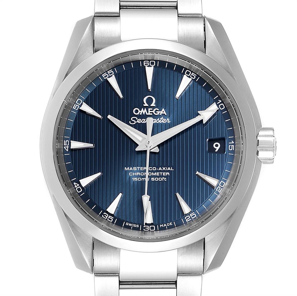 The image shows a frontal view of the Omega Aqua Terra 231.10.39.21.03.002 Men
s Stainless Steel Blue Dial 231.10.39.21.03.002 Men
s Stainless Steel Blue Dial model, highlighting the dial, bezel, and part of the bracelet.