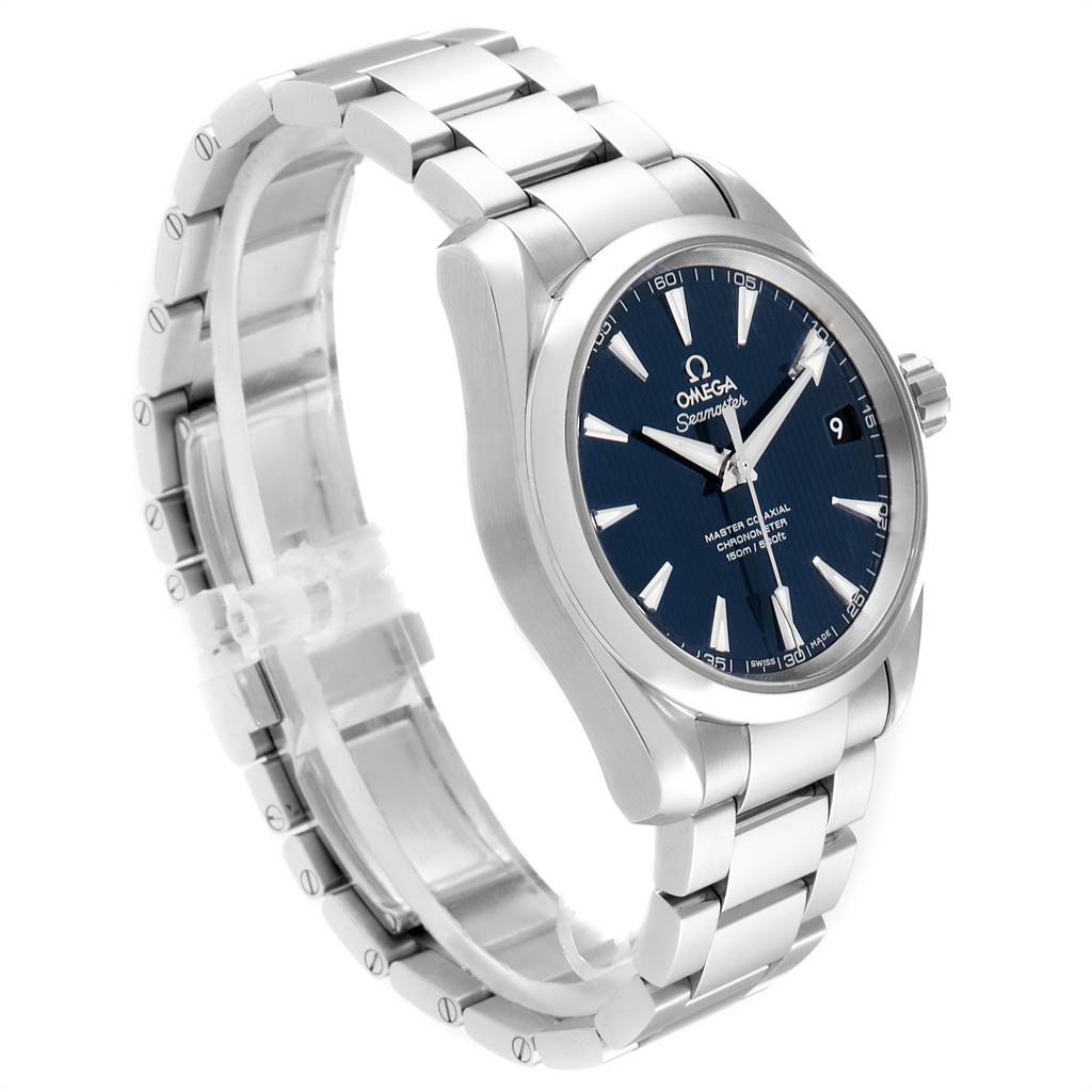 The image shows a side angle of the Omega Aqua Terra 231.10.39.21.03.002 Men
s Stainless Steel Blue Dial 231.10.39.21.03.002 Men
s Stainless Steel Blue Dial watch, highlighting its bracelet, case, and dial.