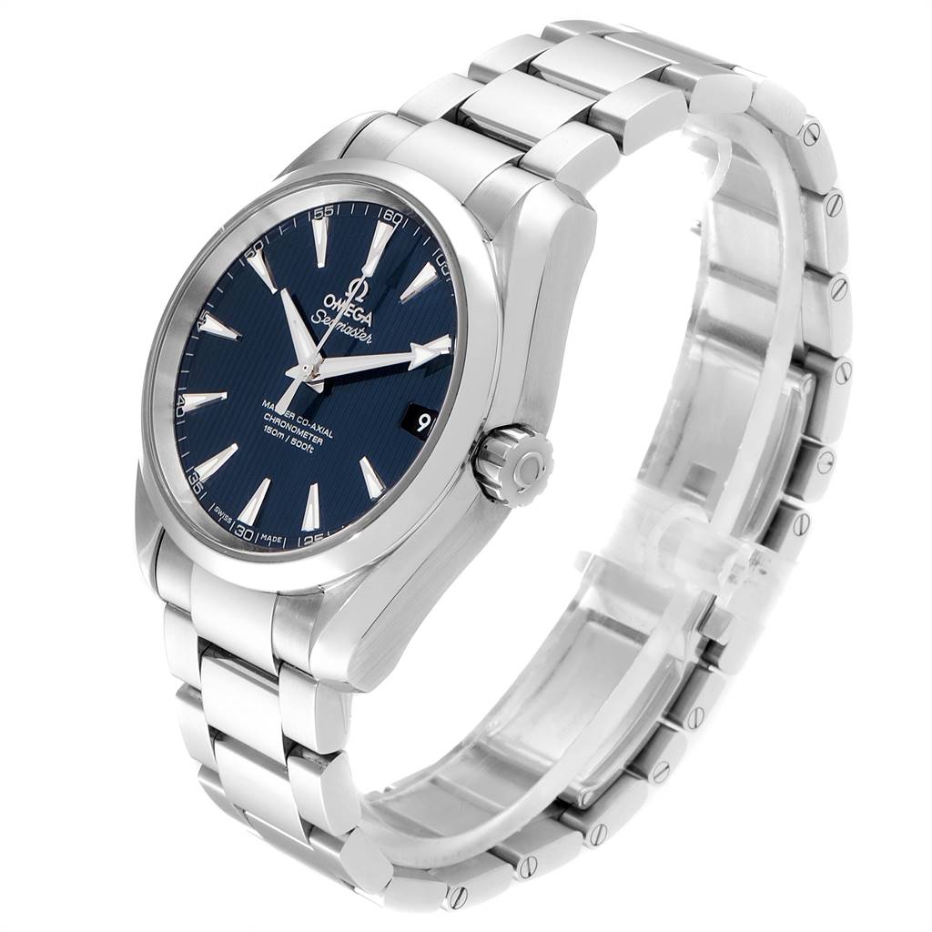 The image shows an Omega Aqua Terra 231.10.39.21.03.002 Men
s Stainless Steel Blue Dial 231.10.39.21.03.002 Men
s Stainless Steel Blue Dial watch at a three-quarter angle, featuring its face, crown, and bracelet.