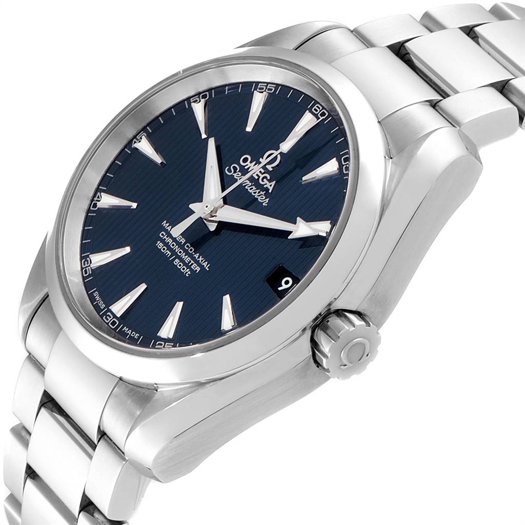 The Omega Aqua Terra 231.10.39.21.03.002 Men
s Stainless Steel Blue Dial 231.10.39.21.03.002 Men
s Stainless Steel Blue Dial watch is shown at an angle displaying the dial, bezel, crown, and part of the bracelet.