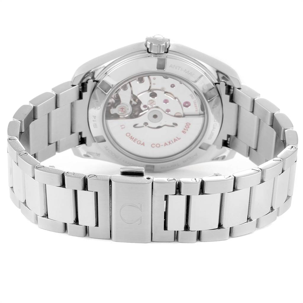 This image shows the back view of the Omega Aqua Terra 231.10.39.21.03.002 Men
s Stainless Steel Blue Dial 231.10.39.21.03.002 Men
s Stainless Steel Blue Dial watch, highlighting its Co-Axial 8500 movement and metal bracelet.