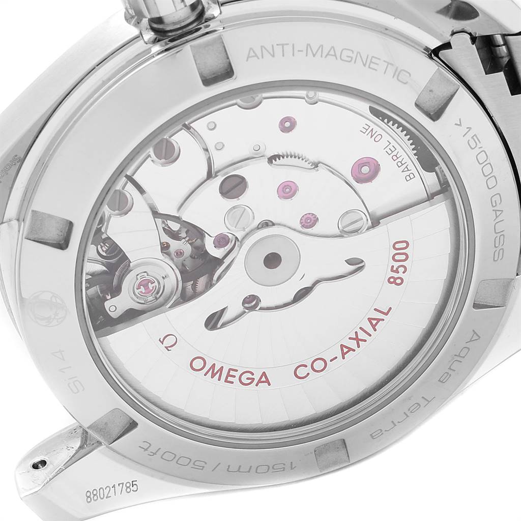 The image shows the back side of an Omega Aqua Terra 231.10.39.21.03.002 Men
s Stainless Steel Blue Dial 231.10.39.21.03.002 Men
s Stainless Steel Blue Dial watch, highlighting its Co-Axial 8500 movement.