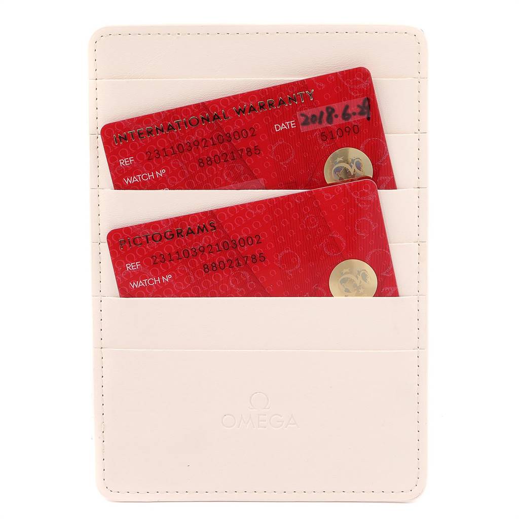 The image shows Omega Aqua Terra 231.10.39.21.03.002 Men
s Stainless Steel Blue Dial 231.10.39.21.03.002 Men
s Stainless Steel Blue Dial model international warranty and pictograms cards in a white Omega card holder.